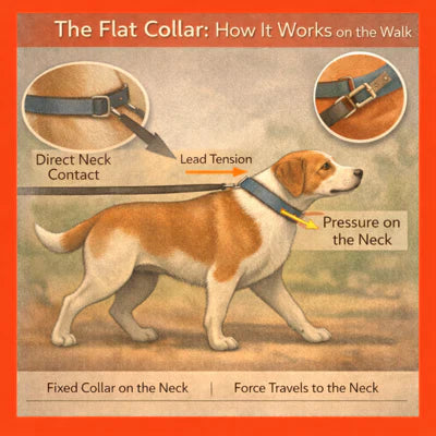 Illustration showing how a flat collar works on a dog during a walk, with direct neck contact and lead tension acting through the collar.