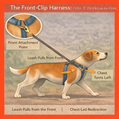 llustration showing how a front-clip harness works on a dog during a walk, with the lead attached at the chest and the front of the body redirected under tension.